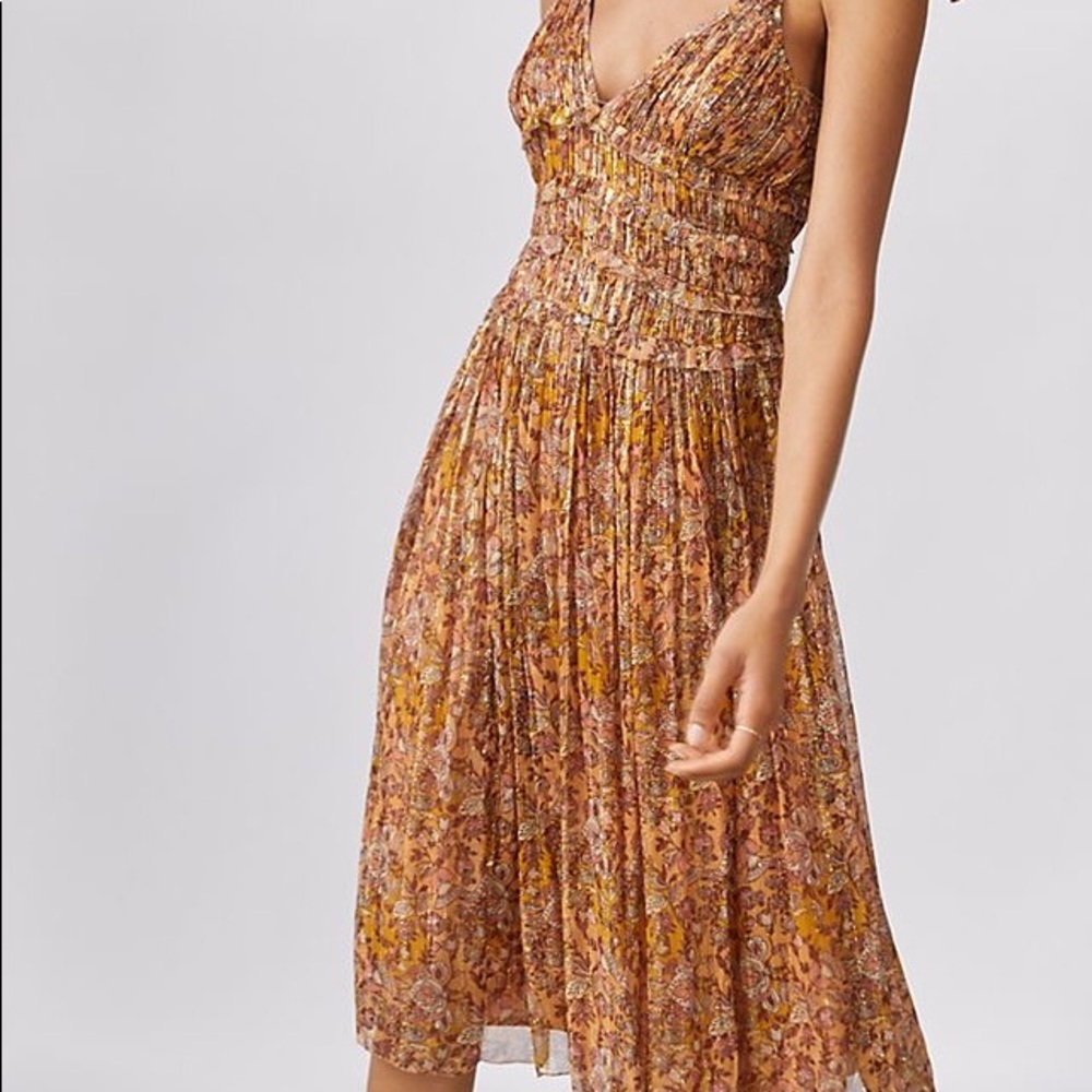 NWT Anthropologie gold and jewel tone midi dress adjustable straps ruched bodice